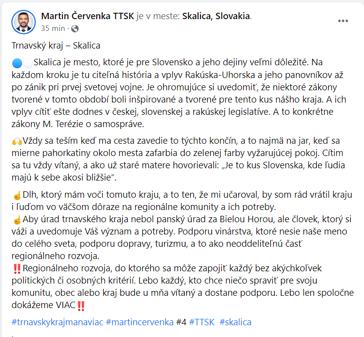 kandidát na župana Trnavského kraja opisuje Skalicu. Zdroj: FB Martin Červenka