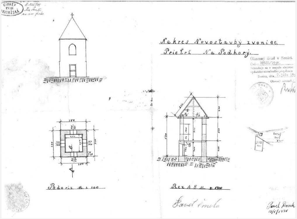 Projekt zvonice z roku 1938 vrátane stavebného povolenia sa dochoval v rodine Ivana Čmelu z Podhoria. Zdroj: Obec Prietrž