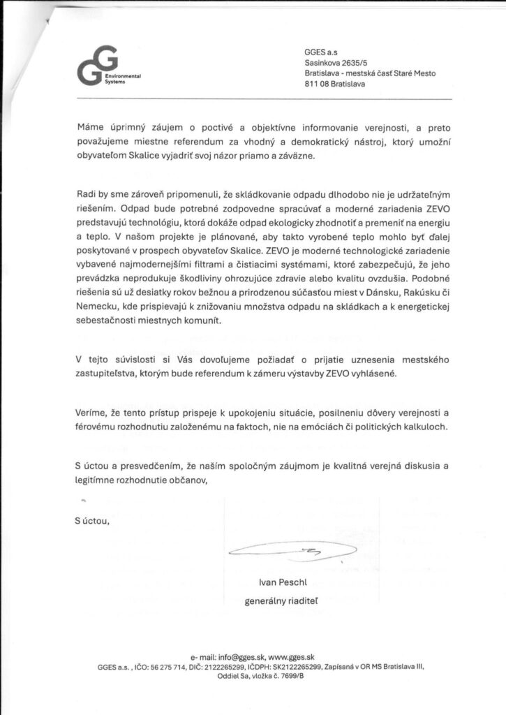 Žiadosť investora mestu o referendum o spaľovni v Skalici Zdroj: Klub poslancov Skalica